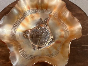 Vintage Carnival Glass Fluted Bowl Marigold Greek Key Horse Head 8-1/4" dia. EUC - Picture 1 of 13