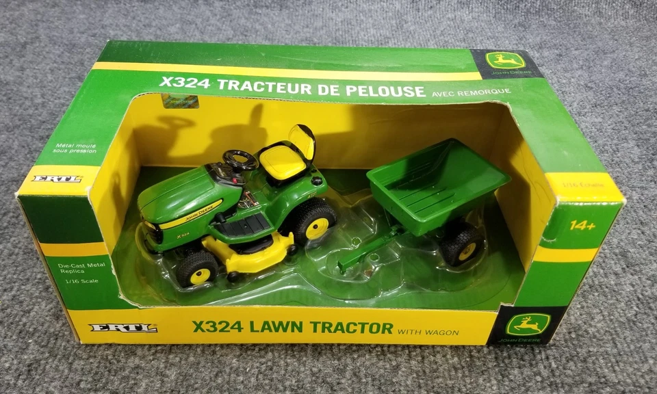 ERTL 1/16 JOHN DEERE MODELO X324 TRATOR DE GRAMA E CARRINHO COM CAIXA METAL FUNDIDO VERDE - Imagem 1 de 4