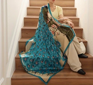 Schöner 35" Pfau Seide Quadrat Schal-großer Kopf Hals Tasche Halstuch - Bild 1 von 5