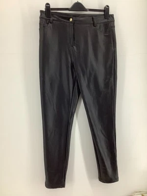 NEXT Black Faux Leather Trousers Leggings UK 14R PU Stretch Wet Look - Image 1 of 4