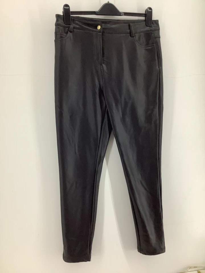 NEXT Black Faux Leather Trousers Leggings UK 14R PU Stretch Wet Look - Image 1 of 4