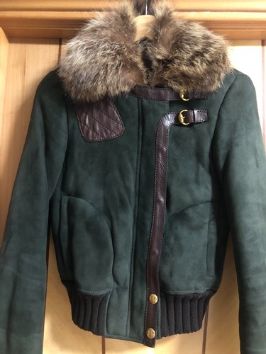 GUCCI PELLICCIA DI PROCIONE RICCIA PELLE DI AGNELLO SHEARLING PELLE SCAMOSCIATA VERDE BOMBER JACKET