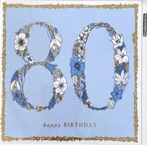 "80 Happy Birthday" Blue and Gold Floral Illustrated Type Simson Birthday Card - Foto 1 di 5