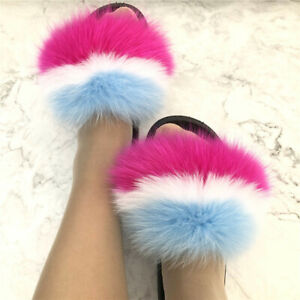 Women's Real Fox Fur Slides Slippers Sandals Indoor Outoor Beach Flat Shoes 
