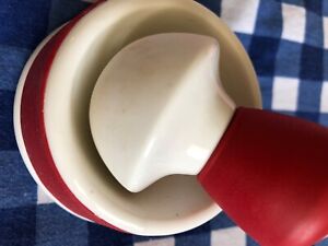 Joie*Mortar & Pestle*Red Silicone Grips on porcelain*Spice/Herb/Pill Crusher* 