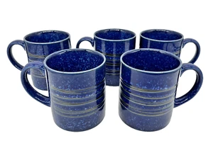 PIER 1 Cobalt Blue Speckled Mugs 9oz Black-Brown Bands Modern Set of 5 - Picture 1 of 14