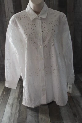 Camisa De Colección Koret Ojales Recortada Mujer Pequeña Blanca LS 100% Algodón Botón Natación Cubrir Foto 1 de 4