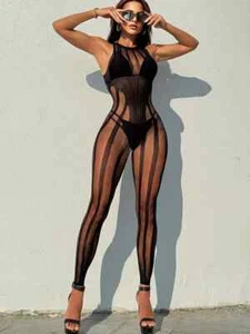Sexy Striped See Through Jumpsuit Bodystocking Bodysuit Babydoll Lingerie Hot US - Picture 1 of 5