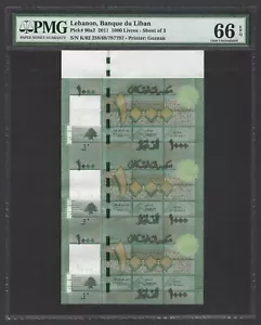 Lebanon "Uncut Sheet of 3" 1000 Livres 2011 P90a2 Uncirculated Grade 66 - Picture 1 of 2