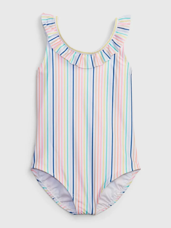 NWT Gap Kids Girls Swimsuit swim rainbow stripes ruffle Recycled  you pick size - Image 1 of 1
