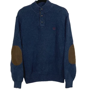 Chaps Henley Sweater Size Large Mens Blue w/brown elbow patches Academia W1 - Picture 1 of 12