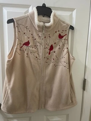Croft & Barrow Vest Women L CREAM Fleece Embroidered Cardinals Front Zip HOLIDAY - Image 1 of 4