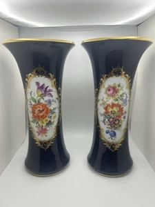 Pair Of Meissen Cobalt Blue Porcelain Floral Vases 10" Crossed Sword - Picture 1 of 9