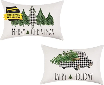 Feliz Navidad Búfalo Cuadros Camión Árboles Fundas de Almohada 12X20 Juego de 2 Lumbares Se Foto 1 de 4