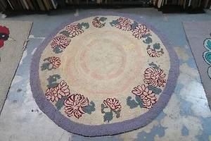 Tappeto primitivo vintage americano fatto a mano con gancio cotone su tela - tondo 50" - Foto 1 di 5
