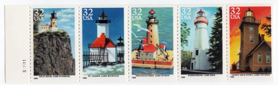 Scott #2973a Great Lakes Lighthouses Booklet Pane of 5 Stamps w/Tab - MNH - Image 1 of 1