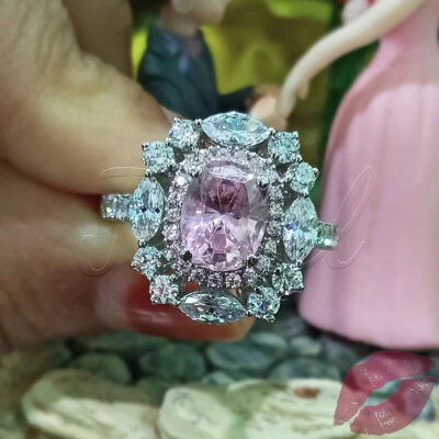 Anillo de compromiso antiguo vintage de diamantes ovalados rosas de 3 quilates acabado en oro blanco de 14 k Foto 1 de 4