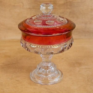 Compote Kings Crown Thumbprint Cranberry Covered Candy Dish 7.25" Tall Tiffin - Picture 1 of 11