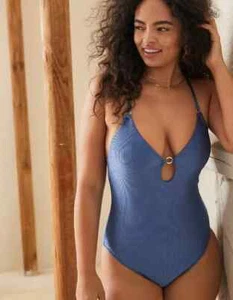 Aerie Shine Rib Full Coverage One Piece Swimsuit X-LARGE Marbled Blue - Picture 1 of 4