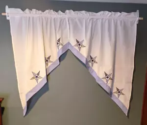 Pair Off White and Blue Swag Valances Curtain Set Gingham Embroidered Stars - Picture 1 of 5