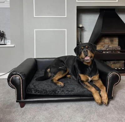 POOCHIE LUX LOUNGERS Large black faux Leather dog lounger sofa bed / washable seat. Pet furniture.