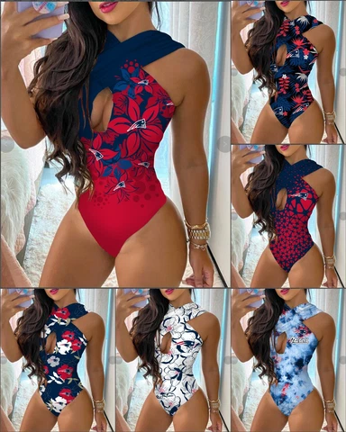 New England Patriots Womens One Piece Swimsuit Summer Cutout Halter Bathing Suit Cover