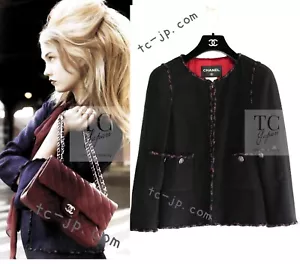 CHANEL 10PF Black Red Trimming Wool Tweed Collarless Jacket 38 US6 - Picture 1 of 24