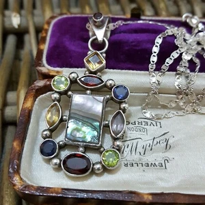 Vintage 925 Sterling Silver Necklace, Multi Gemstones Pendant, Citrine, Peridot - Picture 1 of 6