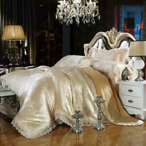 4Pcs Luxury Bedding Set Silk Cotton Blend Lace Duvet Cover Jacquard Pillowcase 