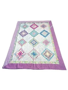 MAGNIFICENT Vintage Quilt Pink Blue Green Purple Embroidered Design 66.25" x 82" - Picture 1 of 19