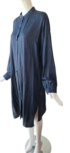 Vestido Eileen Fisher 100% Seda Botón Delantero Azul Ligero Banda Cuello Talla Grande - Imagen 1 de 7