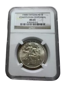 SWITZERLAND. 1948, 5 Francs, Silver - NGC MS65- Constitution Centennial - Picture 1 of 4