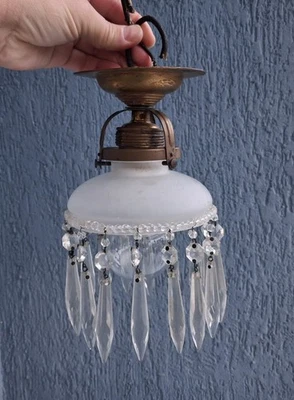 Ancien lustre plafonnier applique à pampilles ART DECO en verre et laiton - Photo 1/4