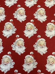 RETRO VINTAGE CHRISTMAS SANTA CLAUS FACES HEADS ON RED COTTON FABRIC HALF YD - Picture 1 of 6