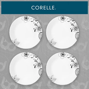 NEW! Corelle Inked Poppy 10.25" White Dinner Plates w/ Charcoal Print (SET OF 4) - Picture 1 of 4