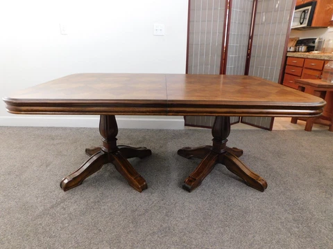 Vintage Marquetry Burl Drexel c1970 Extension Dining Harvest Table Banquet 6-9ft Cover