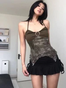 Khaki Lace Halter Top Y2K Girl Cami Vest Vintage Top Camisole - Picture 1 of 9