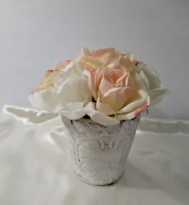 Roses Pottery Pot White & Pink Flowers Artificial Shabby Chic Decor 8" x 7" - Picture 1 of 10