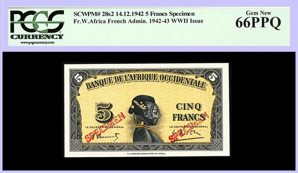 FRENCH WEST AFRICA 1942 5 FRANCS SPECIMEN WWII P#28s2 PCGS GEM NEW 66 - Image 1 of 4