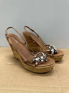 VTG Prada Embellished Crystal Jeweled Platform Woven Straw Wedge Sandals Size 40 - Picture 1 of 12
