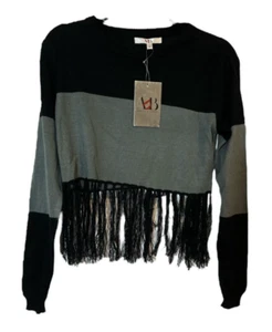 America & Beyond Black Gray Fringe Crop Sweater Womens Medium Lightweight NWT - Picture 1 of 7