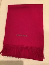 VERSACE SCIARPA Authentic Pink Wool Fringe Scarf w/ Black Embroidered Logo NEW