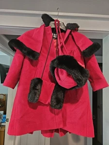 Vintage Girl's Bright Red And Black Button Up Pea Coat Size 5 With Matching Muff - Picture 1 of 3