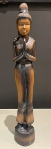 Vintage Carved Statue Wood Thai Sawasdee Lady Woman Welcome Figurine 15” Rustic - Picture 1 of 19