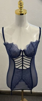 Victoria’s Secret Bustier Corset Womens Size 34C Blue Lace Mesh Garters Sexy - Image 1 of 4
