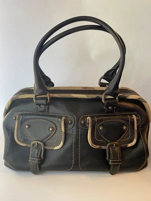 VTG Burberry Brown Leather Two Front Pocket Satchel Bag Signature Pattern Trim - Image 1 of 4