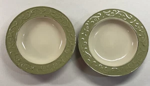 2 Pier 1 Antique Floral Green White Embossed Rim Soup Bowls 9" - Picture 1 of 9