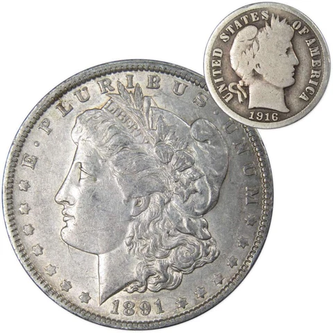 1891 O Morgan Dollar XF EF Extremely Fine with 1916 Barber Dime G Good Cover