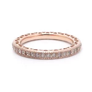 Pandora 14k Rose Gold Plated Pink Sparkly & Heart Stackable Band Ring Size 5 - Picture 1 of 4