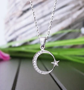 925 Echt Silber Mond Stern Anhänger Kette Zirkonia Steine Halbmond Collier Fahne - Bild 1 von 5
